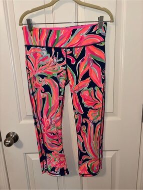 Lilly Pulitzer Luxletic Navy Leggings with Neon Pink & Green Floral Swirl - M